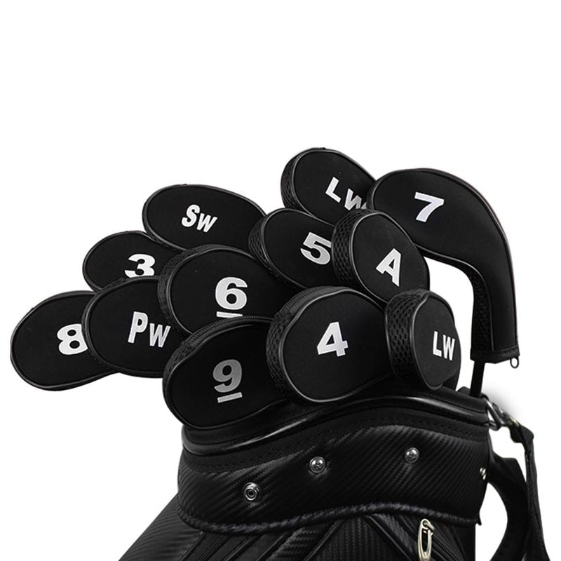 Scott Edward 12pcs Number Print Golf Club Irons Covers Neoprene Zippered Golf Wedge Covers with Long Neck Protective Mesh Golf Head Covers for Men Women Fit Most Standard Irons (Pure Black)