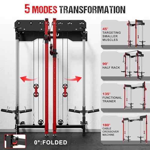 Folding Squat Rack - Wall Mounted Power Rack with Dual Pulley System - WM3 Folding Cage Red