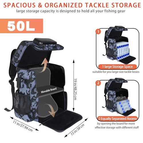 SKAITU Camo Fishing Backpack with Rod Holder, Cooler & 139 Lures, Large 50L Tackle Bag