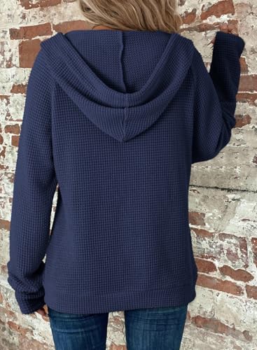 Dokotoo Women's Navy Blue Waffle Knit Full Zip Hoodie - Large