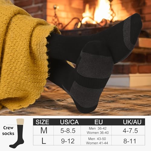 360 Cushioned Thermal Crew Socks - Thick Warm Boot Socks - Medium Black+Grey 4 Pairs