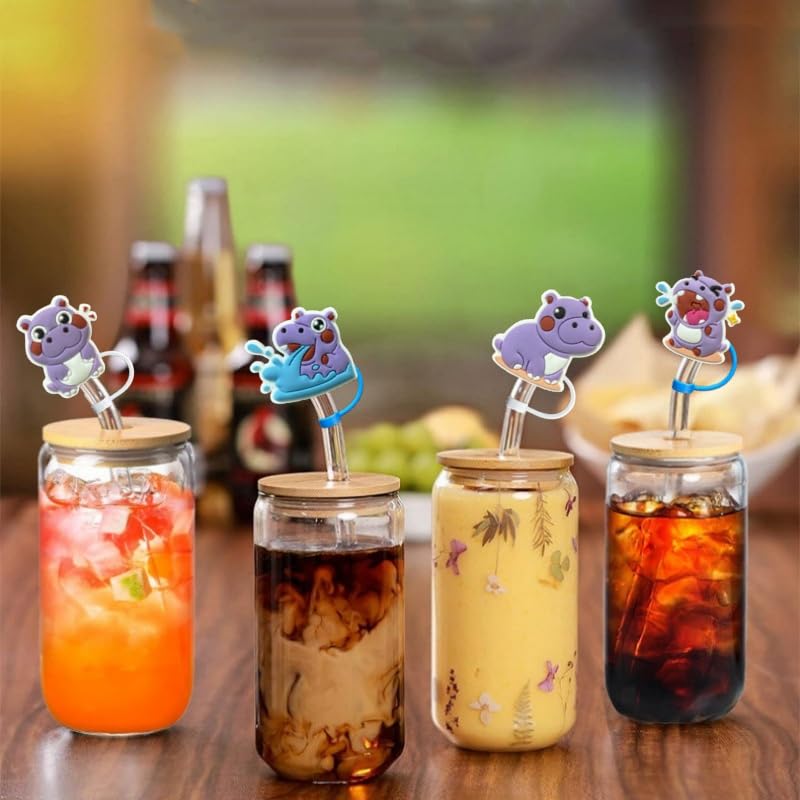 Cute Hippo Silicone Straw Toppers - 6 Pack for Straw & Bottle