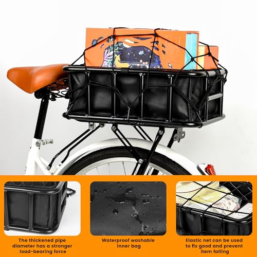 Large Rear Bike Basket with Waterproof Cover & Cargo Net