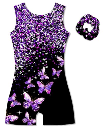 Girl Gymnastic Leotards with Hair Scrunchie - 7-8 Years Black Purple