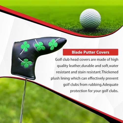 Golf Club Head Covers Blade Putter Cover with Four-Leaf Clover Embroidery Headcovers Fits Most Putters Scotty Cameron, Taylormade, Odyssey, Titleist, Callaway Blade Putter Headcover.