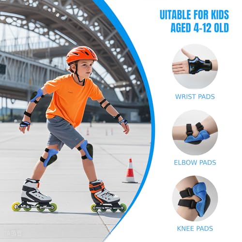 Kids Protective Gear Set - Knee Pads, Elbow Pads, Wrist Guards - Blue - Free Size (4-12 Years)