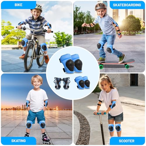 Kids Protective Gear Set - Knee Pads, Elbow Pads, Wrist Guards - Blue - Free Size (4-12 Years)