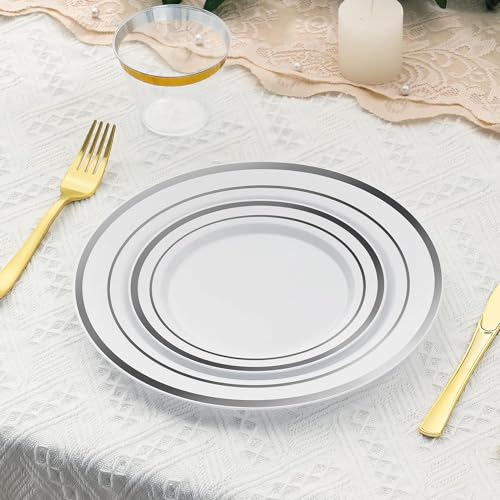 AOZITA Silver Plastic Party Plates 10 Inch Disposable Set - 200 pcs