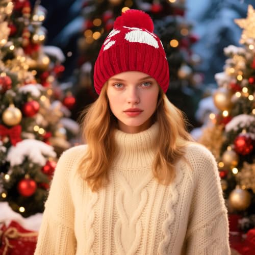 Women's Fleece Lined Winter Beanie Hat with Earflaps and Pom - Red Dots