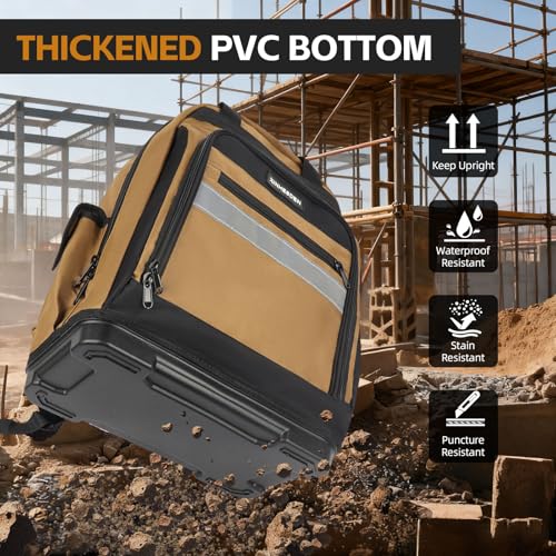 Tool Bag Backpack, Heavy Duty Tool Backpack Bag with Waterproof Molded Base, Electrician Work Pack for Hand Tools, Multi Pockets Tool Storage Organizer for Contractor, Plumbers, HVAC Techs