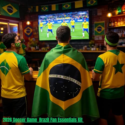 World Soccer 2026 Fan Essentials Kit - 3x5 Ft Flag Cape & Tattoos - Brazil