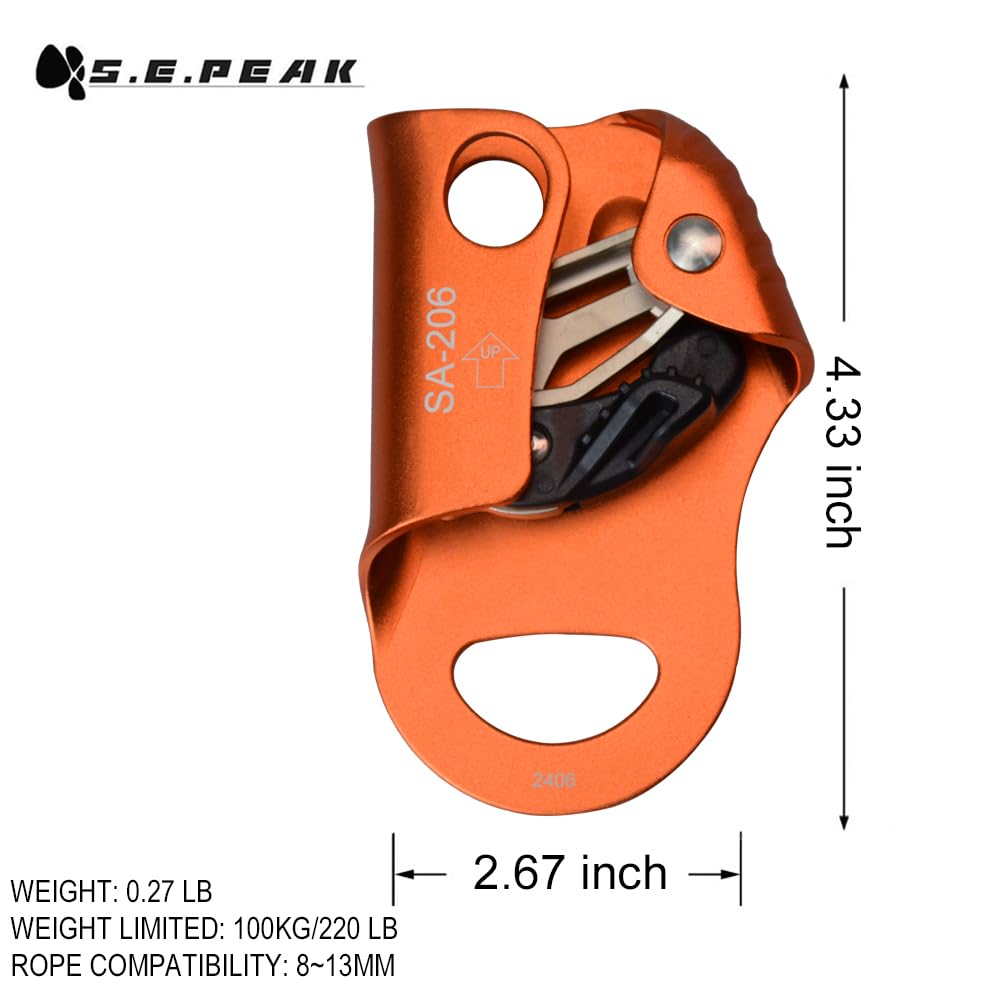 S.E.PEAK CE Chest Ascender, 100kgs Strong Climbing Rappelling Gear Equipment for Rock Climbing, Tree Arborist, Climbing Rescue Caving, Mountaineering, 8~13MM Rope, 4kN, Orange