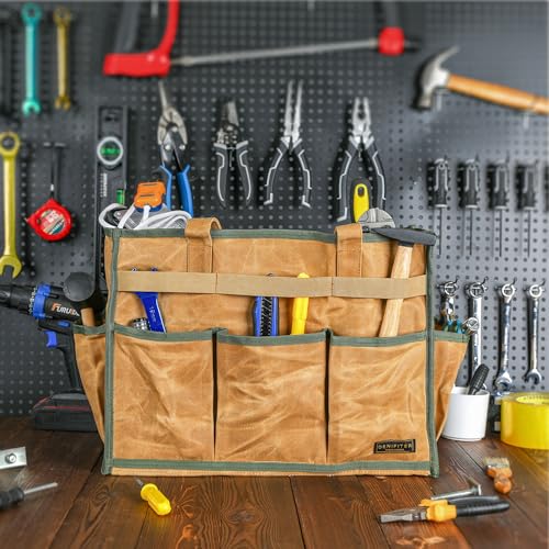 Heavy-Duty Waxed Canvas Tool Tote Bag ? Large Capacity Tool Organizer with 14 External Pockets & Padded Handle | Durable Storage Tote for Contractors, Electricians & DIY (16.5" x 7" x 12", Khaki)