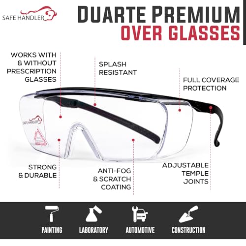 SAFE HANDLER Duarte Premium Over Glasses 3 PAIRS | ANSI Z87.1, Impact Resistant Polycarbonate Lens, UV400, Anti-Fog & Anti-Scratch, Box of 3