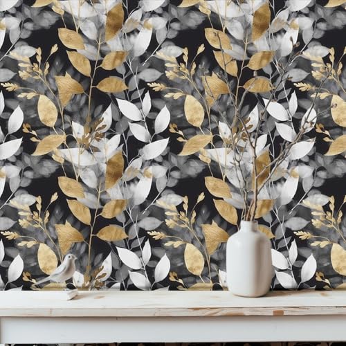 RUSPEPA Peel and Stick Floral Wallpaper,Black and Gold Botanical Wall Decor, Boho Self Adhesive Removable Decorative Waterproof Contact Paper for Bedroom Kitchen Cabinets Wall D?cor, 17.7 in x 6.56 ft