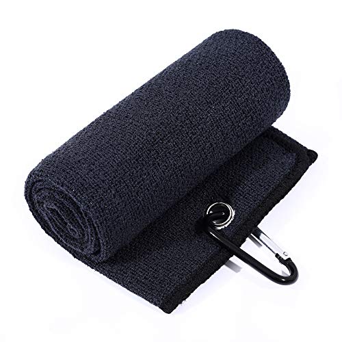 Tri-Fold Golf Towel - 2-in-1 Club & Ball Cleaner, Black