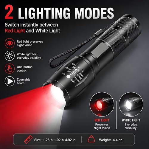 MVIOCS Red Rechargeable LED Flashlight with Zoom - 2000 Lumens, Water Resistant, Portable for Camping Hiking Emergency