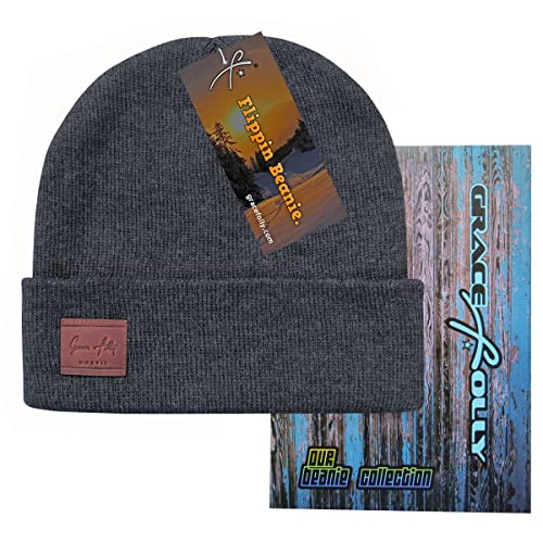Fold Up Cuffed Beanie Hat - Lightweight Acrylic Knit - Charcoal