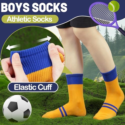 Kids Athletic Cotton Crew Socks for Girls & Boys, Age 9-15, Colorful Striped