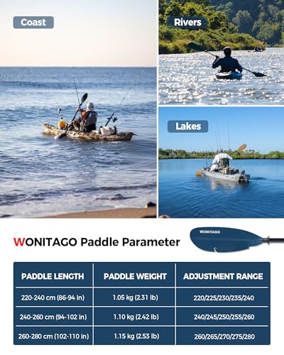 WONITAGO Adjustable Fiberglass Kayak Paddle 240-260cm Blue Lightweight Fishing Oar