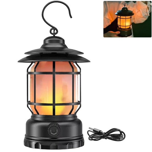 Clearhill Rechargeable Camping Lantern, Flame Decorative Table Lamp, 2 Modes LED Lights with Hooks, Dimmable, Vintage Style, Portable Camping Light for Indoor/Outdoor Use