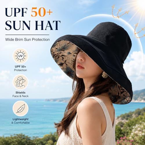 HUAMULAN Reversible Wide Brim Sun Hat for Women - Black, One Size, M2320