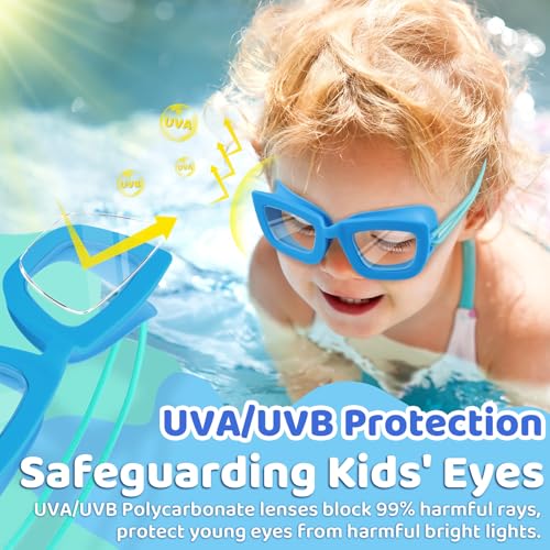 Vvinca 2 Pack Kids Swim Goggles with Bungee Strap, UV Protection, Blue & Green, for Ages 3-8