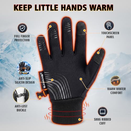 Kids Thermal Cycling Gloves - Windproof Touchscreen Mitts, L (9-10 Years) Black
