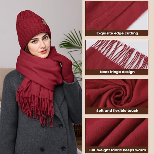 Winter Beanie Hat Scarf Gloves Set for Women - Black