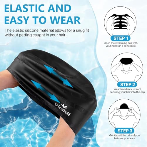 Silicone Swim Cap for Long Hair with Ear Protection - Black