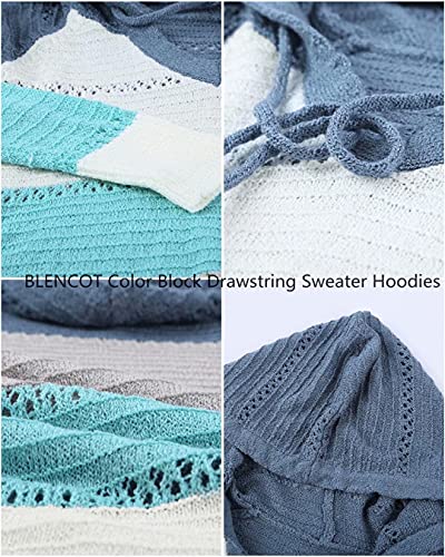 BLENCOT Blue Medium Striped Crochet Fall Sweater Hoodie for Women