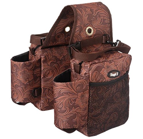 Tough 1 Printed Saddle Bag Brown Tooled - Horse Tack Storage with Water Bottle Pockets