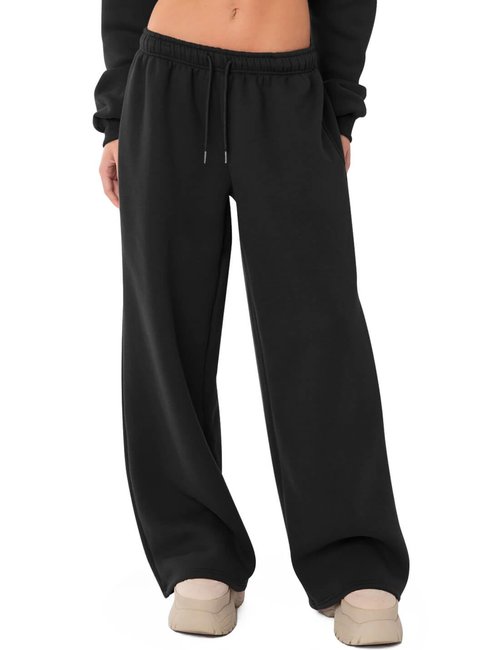 Ugerlov Wide Leg Sweatpants Women Baggy Fleece Sweat Pants Teen Girls Lounge Drawstring Trousers Low Rise Cute Streetwear Pants with Pockets Black M