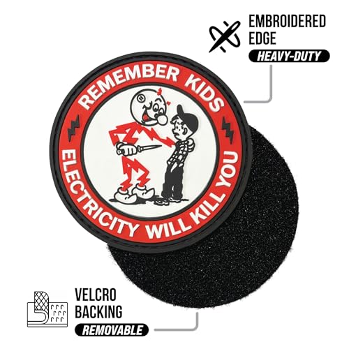 Epic Goods Circle Red PVC Patch - Remember Kids Electricity Will Kill You - Funny Lineman Patch