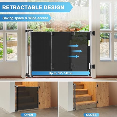 Retractable Baby Gates for Doorways 55" Wide Retractable Dog Gate for Stairs, Mesh Dog Gates for The House, Retractable Gate Outdoor Baby Gates for Decks, Child Gate for Stairs, Black