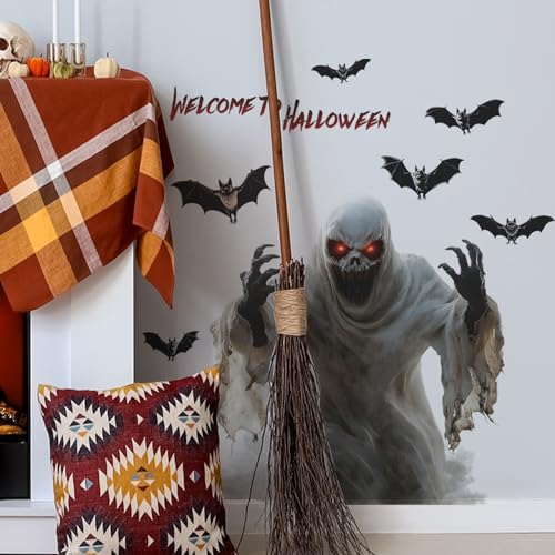 Halloween Wall Decals Scary Ghost with Red Eyes and Bats ? Spooky Horror Wall Stickers for Haunted House, Living Room, Party Decorations, Removable Halloween Decor