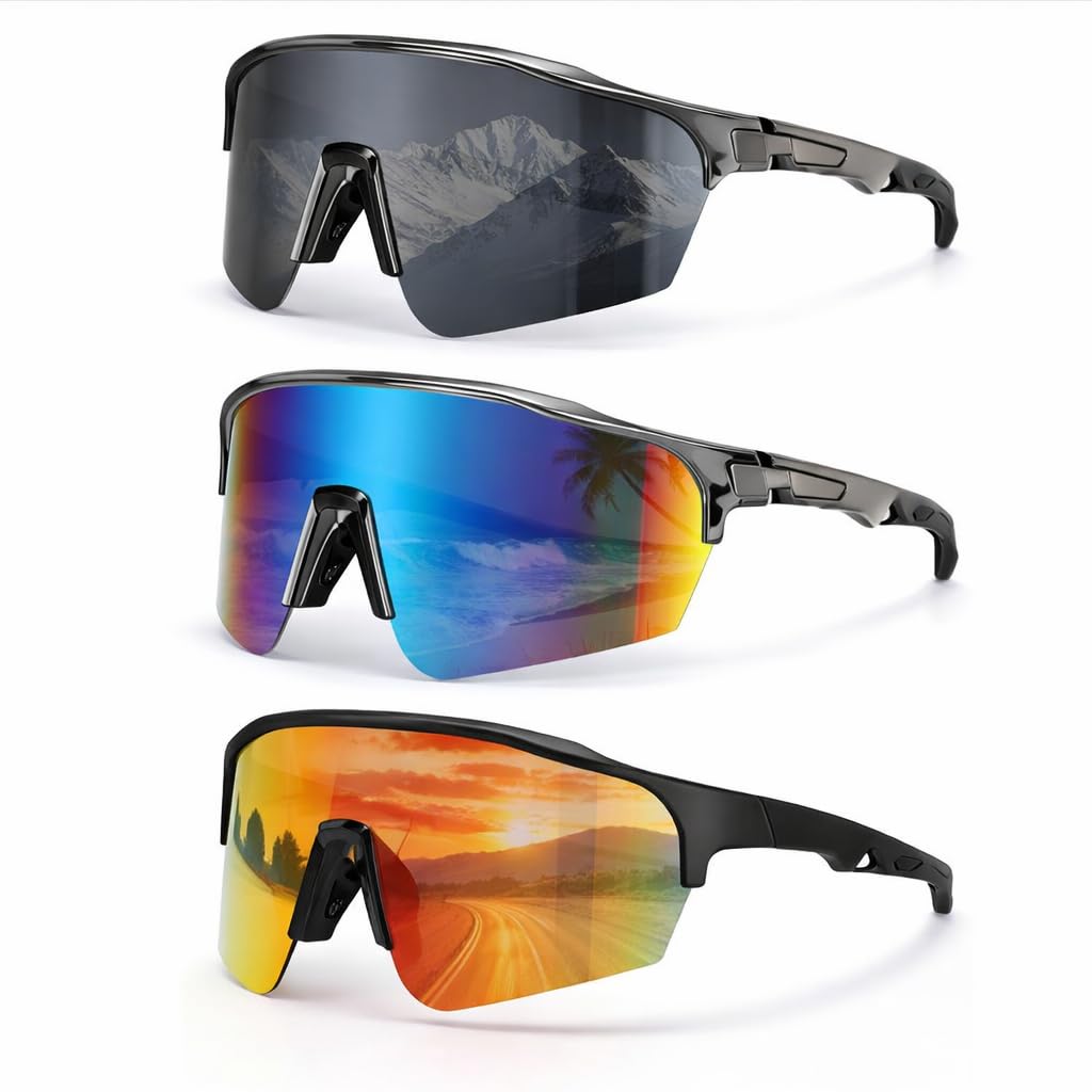 JATEBI 3 Pack Baseball Sunglasses for Men - UV400 Protection Mens Sunglasses Lightweight Wrap Around Sun Glasses for Running, Cycling, Sports, Fishing