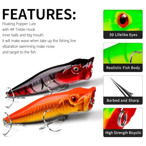 3D Eyes Floating Topwater Popper Fishing Lures - 5pcs Mixed Colors