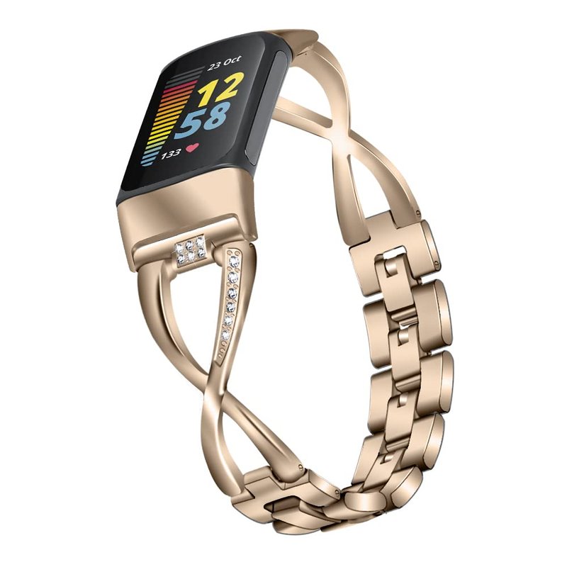 FitTurn Compatible with Fitbit Charge 5 Bands for Women Girl Metal Replacement Charge 5 Band Wristbands Strap with Bling Crystal Diamond Rhinestone Bracelet Bangle for Charge 5 (Vintage Gold)