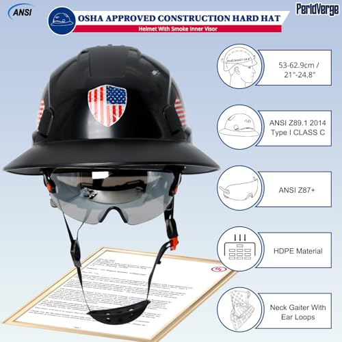 Full Brim Hard Hats Construction OSHA Approved with Visor-Vented Hard Hat with Neck Gaiter with Ear Loops,Safety Hard Hats for Men with Chin Strap ANSI Z89.1 Type 1 Class C,6-pt Suspension