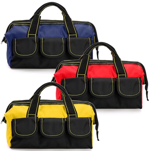 3 Pack 13 Inch Tool Bag, Wide Mouth Tool Tote Bag with Waterproof Base, Heavy Duty Tool Storage Bag Organizer for Various Tools, 5 Pockets, Blue, Yellow, Red
