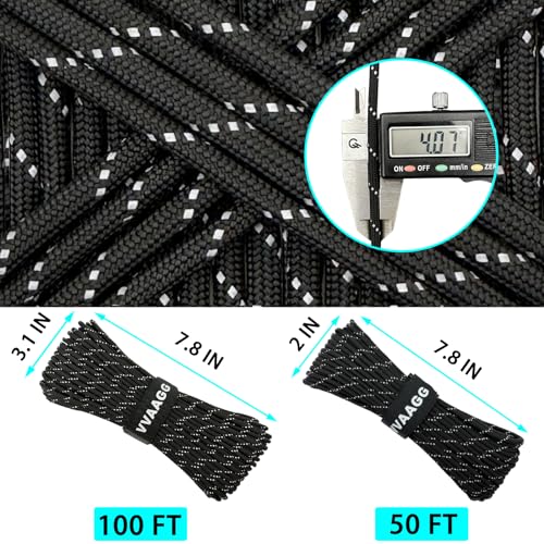550 Paracord Rope - Reflective Nylon Cord, 4MM, 100FT - Black