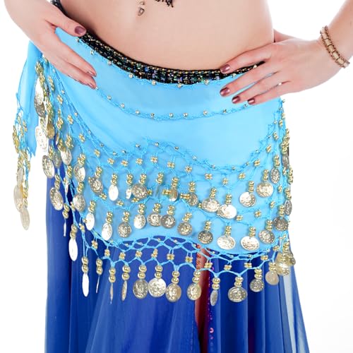Belly Dance Hip Scarf with Gold Coins - Lake Blue Chiffon Wrap