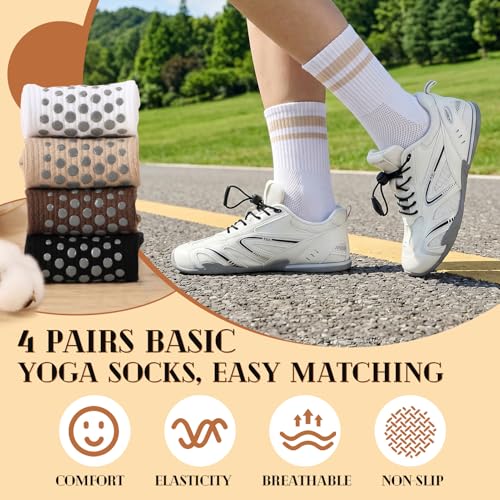 Pilates Grip Socks for Women - Striped 4 Pairs in White, Khaki, Brown, Black