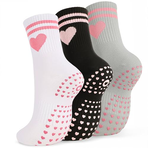 Non-Slip Pilates Yoga Socks for Women - Embroidered Lace Cuff - Black, White, Gray