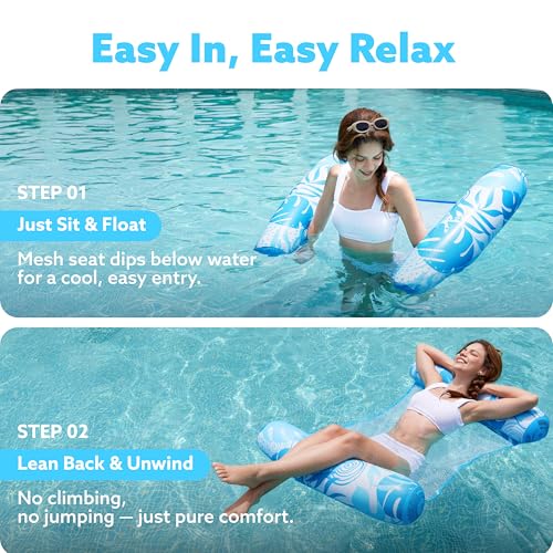 Sloosh Tropical Leaves Blue-Green 2-Pack Pool Float Hammocks for Adults, 4-in-1 Inflatable Water Lounge