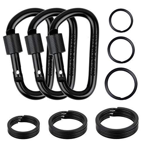Locking Carabiner D-Ring Clips with Flat Key Rings - 3 Carabiners & 9 Keyrings