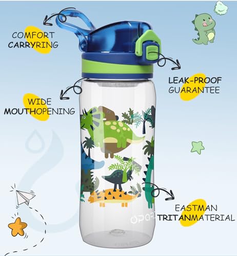 Kids Water Bottle - Leak Proof Flip-Top Lid, 17oz - Transparent Dinosaur