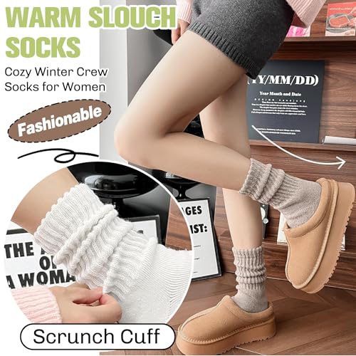 EBMORE Merino Wool Slouch Boot Socks Thermal Winter Crew Socks for Women, 4 Pairs - Medium, Black, Khaki, Grey, White