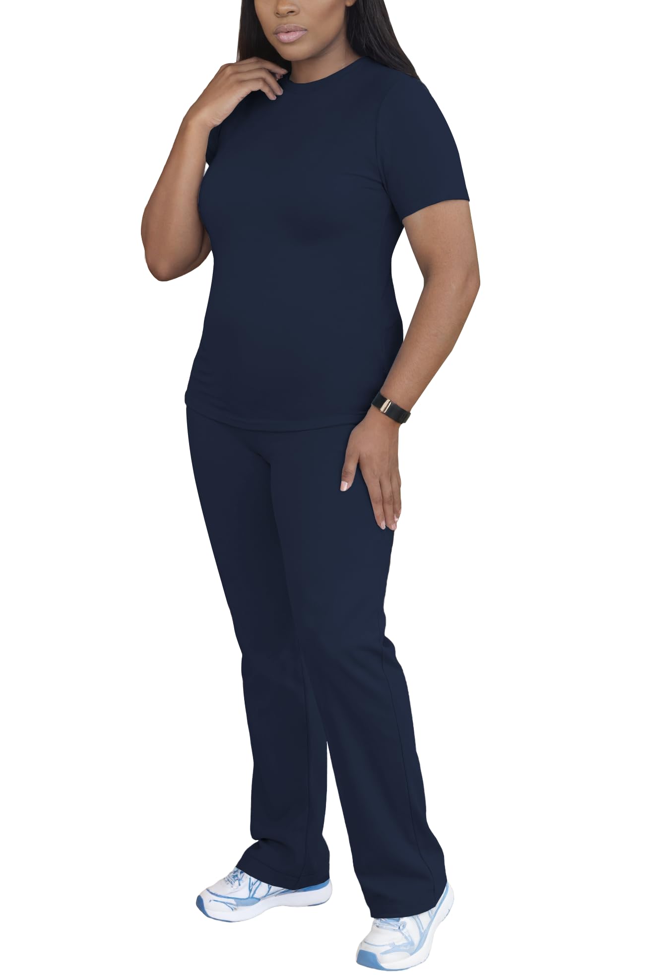 PINSV Women 2 Piece Outfits Short Sleeve Tops and Long Pants Tracksuit Workout Lounge Sets Navy Blue XL